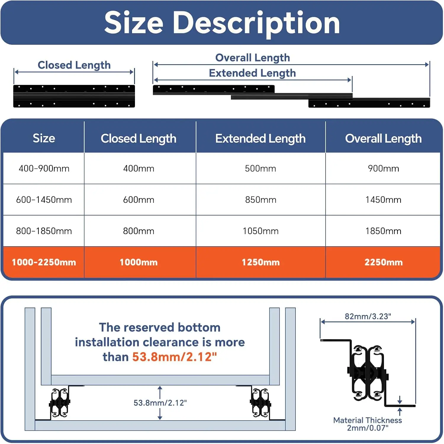 40 Inch Undermount Heavy Duty Drawer Slides Full Extension Concealed Bottom Mount Ball Bearing Rails 260LB Capacity Hidden Cabinet Drawer Glides, 1 Pair