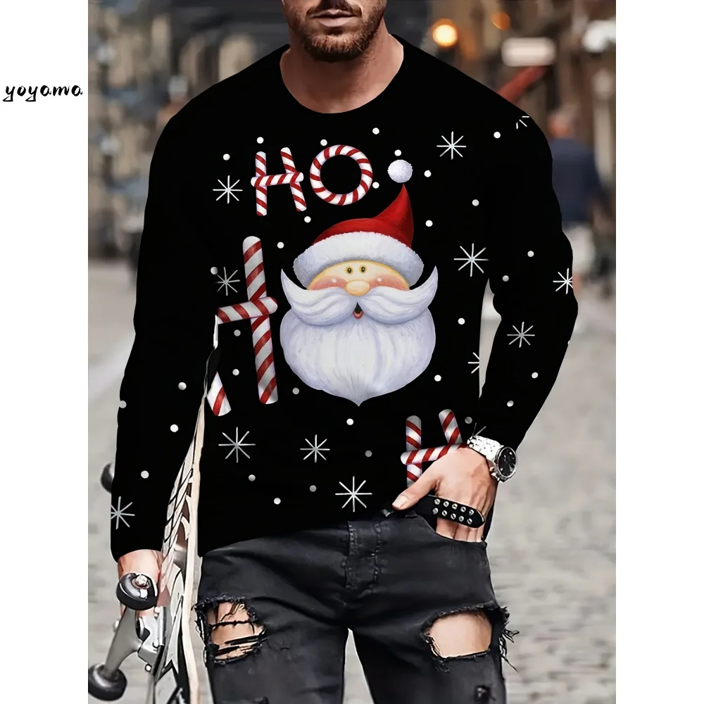 

Мужская футболка с принтом Санта-Клауса, весенне-осенняя повседневная свободная футболка с круглым вырезом и длинными рукавами, модная новогодняя рождественская одежда, рождественская футболка