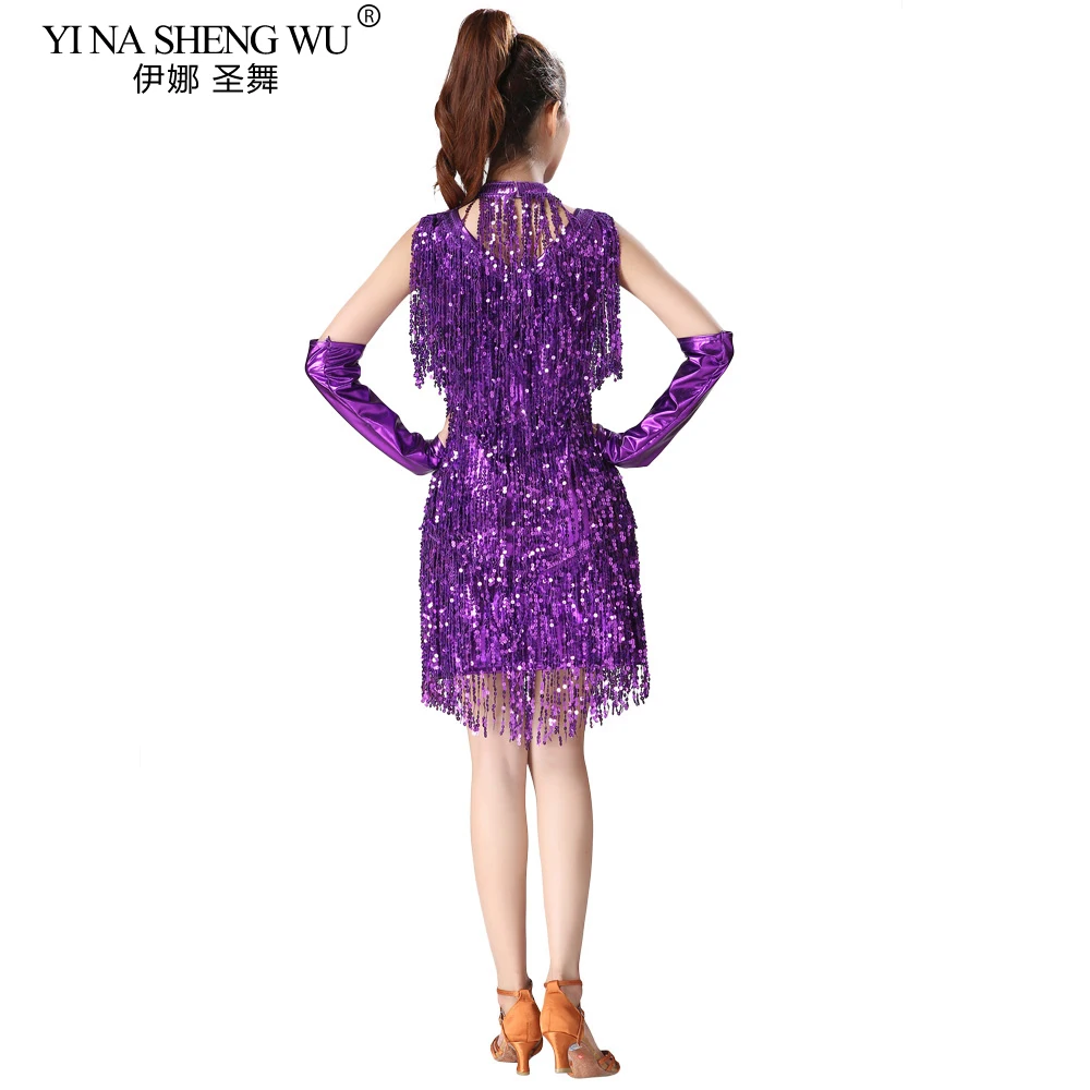 Latin Dance Clothes Women Latin Dance Stage Performance Competition Dress Dance Sequin Fringed Costume Skirt With Glove Necklace