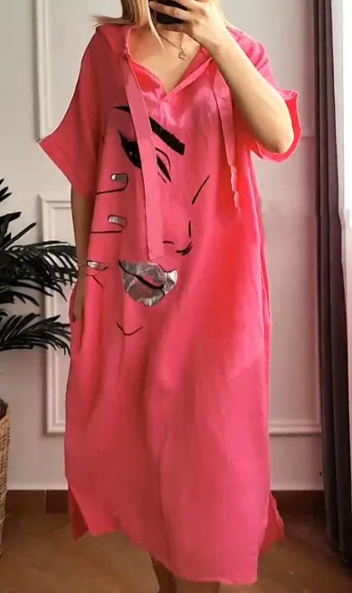 

2025 Spring Oversize Women Dress Long Print V-neck Short Sleeve Pocket Loose Robe Femme Elegant Casual Trendy Ladies Clothes