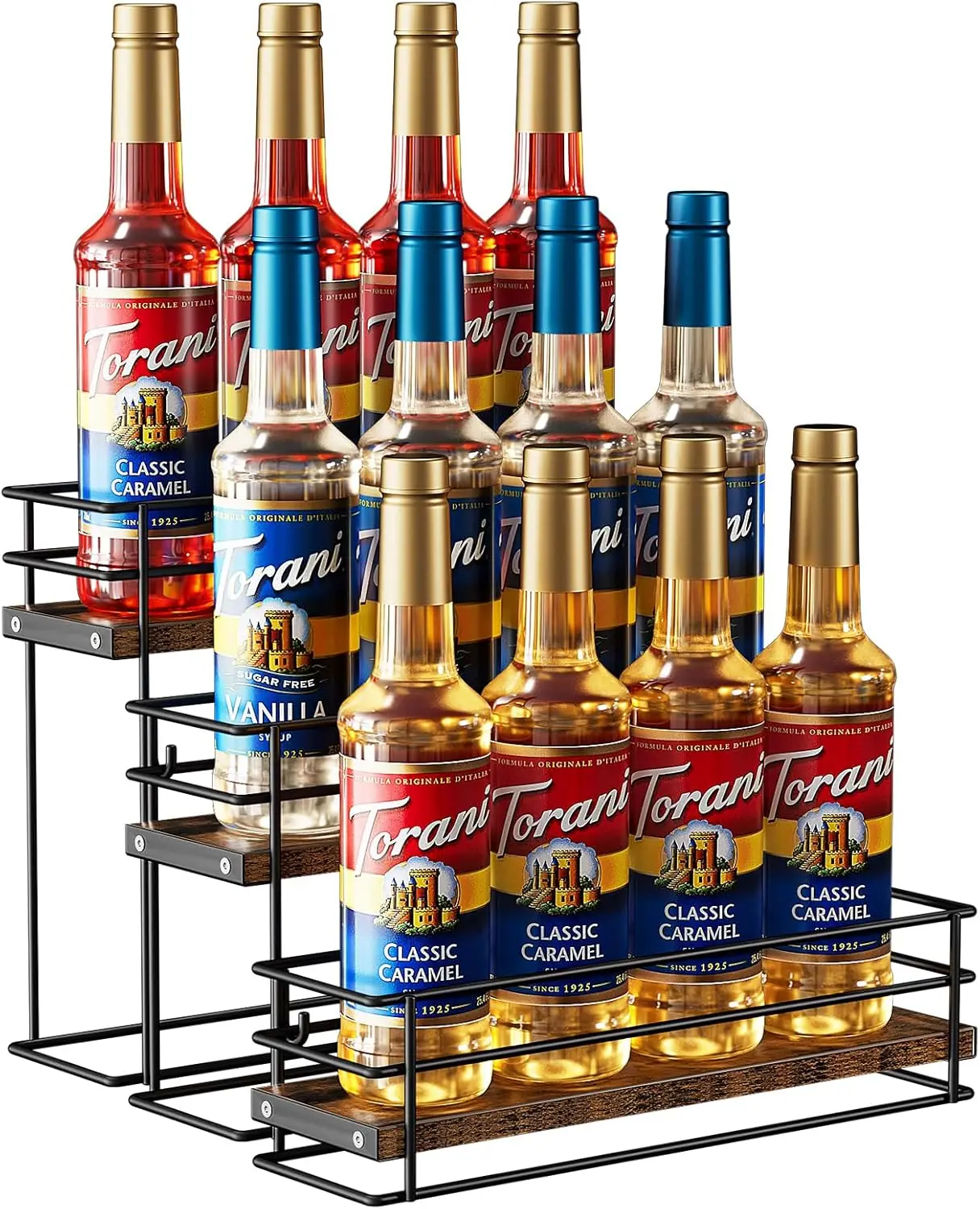 

3-Tier 12 Bottle Coffee Syrup Organizer with Wooden Base, Metal Rack for Kitchen Countertop Bar Storage in Black