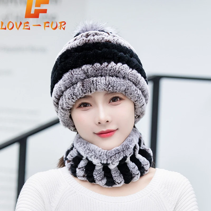 

Fashion Girl Fur Cap Lady Winter Natural Real Rex Rabbit Fur Hat Scarf Suit High Quality Women 100% Genuine Fur Hat