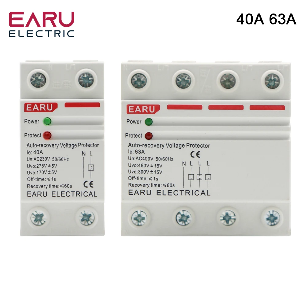 40A 63A 230V Din Rail Automatic Recovery Reconnect Over Voltage Under Voltage Protective Device Protection Relay