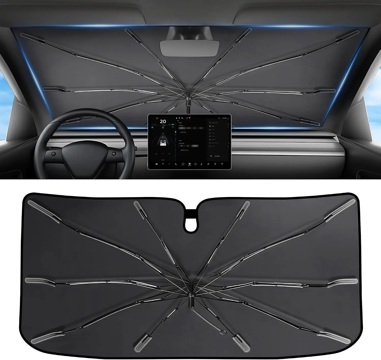 2026 Upgraded Windshield Sun Shade Umbrella [7-Layer Vinyl Coating Heat Shield] Foldable Front Window Sunshade Umbrella Flexible Handle Protect Interior from UV Keep Car Cooler (57