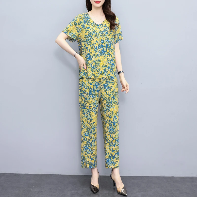 Summer Wide Leg Pant Sets Korean Style Elegant Two Piece Set Women Outfit 2023 New Casual Vintage Print Summer Woman Clothing