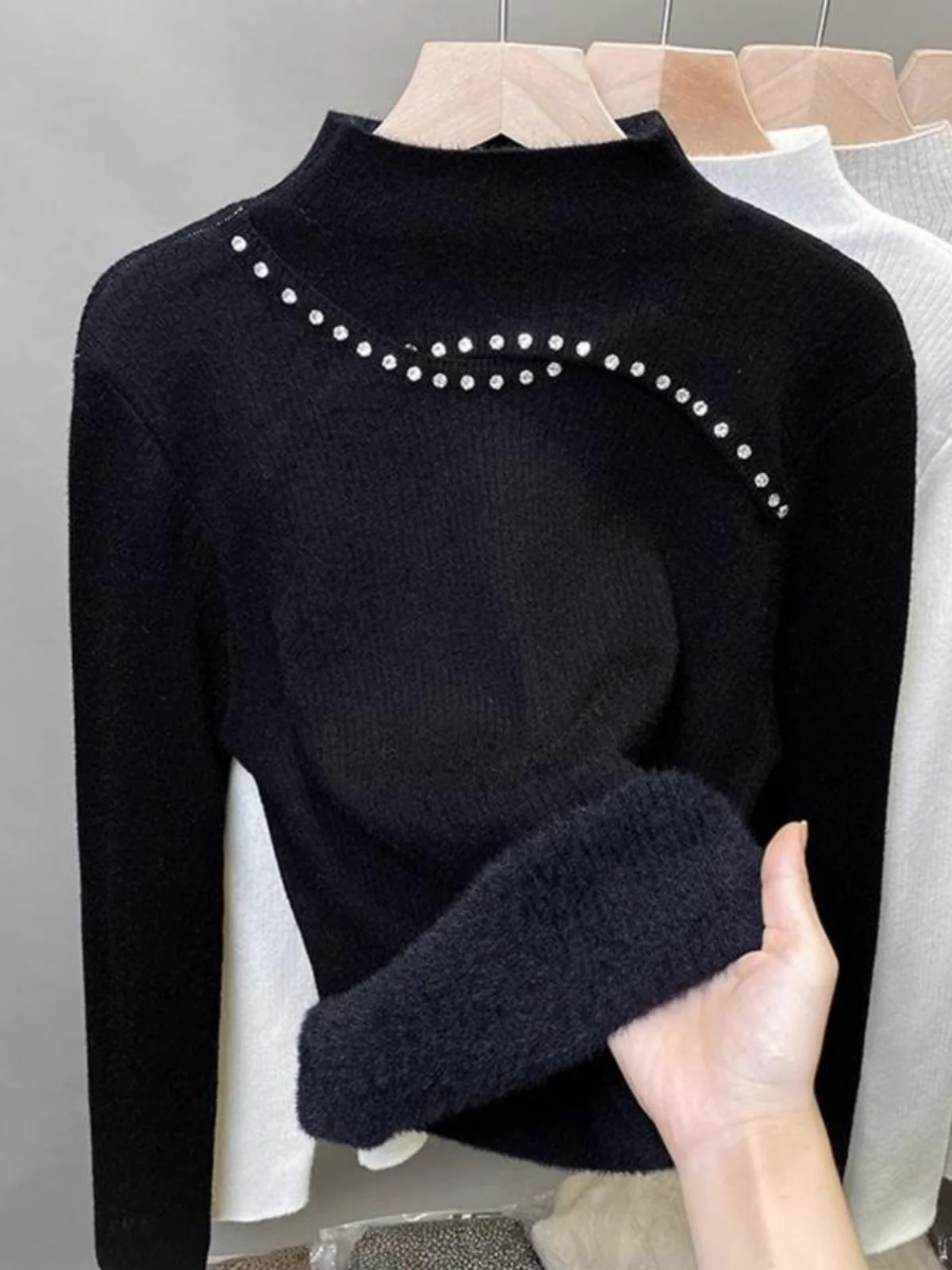 

Женский теплый вязаный свитер с высоким воротником и блестками, утепленный, для защиты от холода