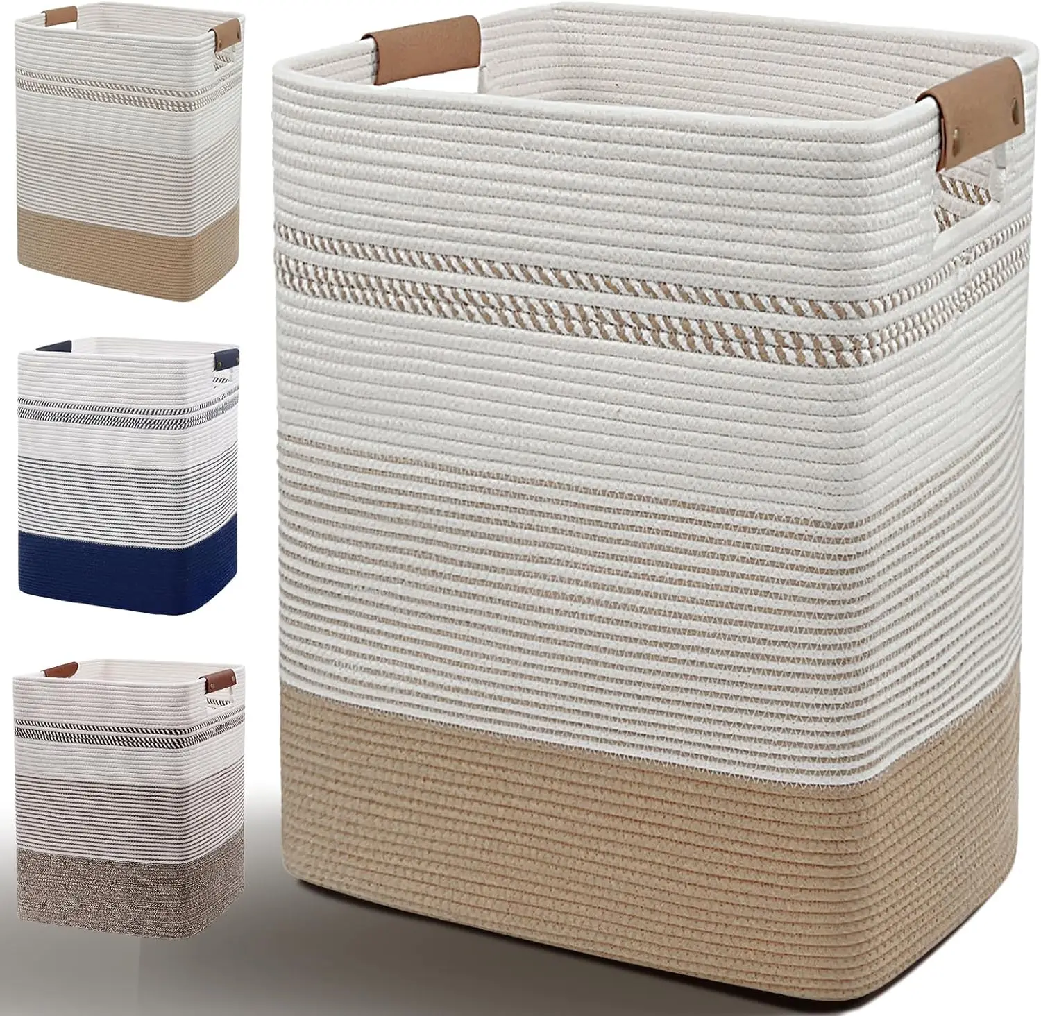 

85L Large Laundry Basket,Leather Handles, Decorative Storage Basket for Blankets,Cotton Rope Woven Baskets for Storage