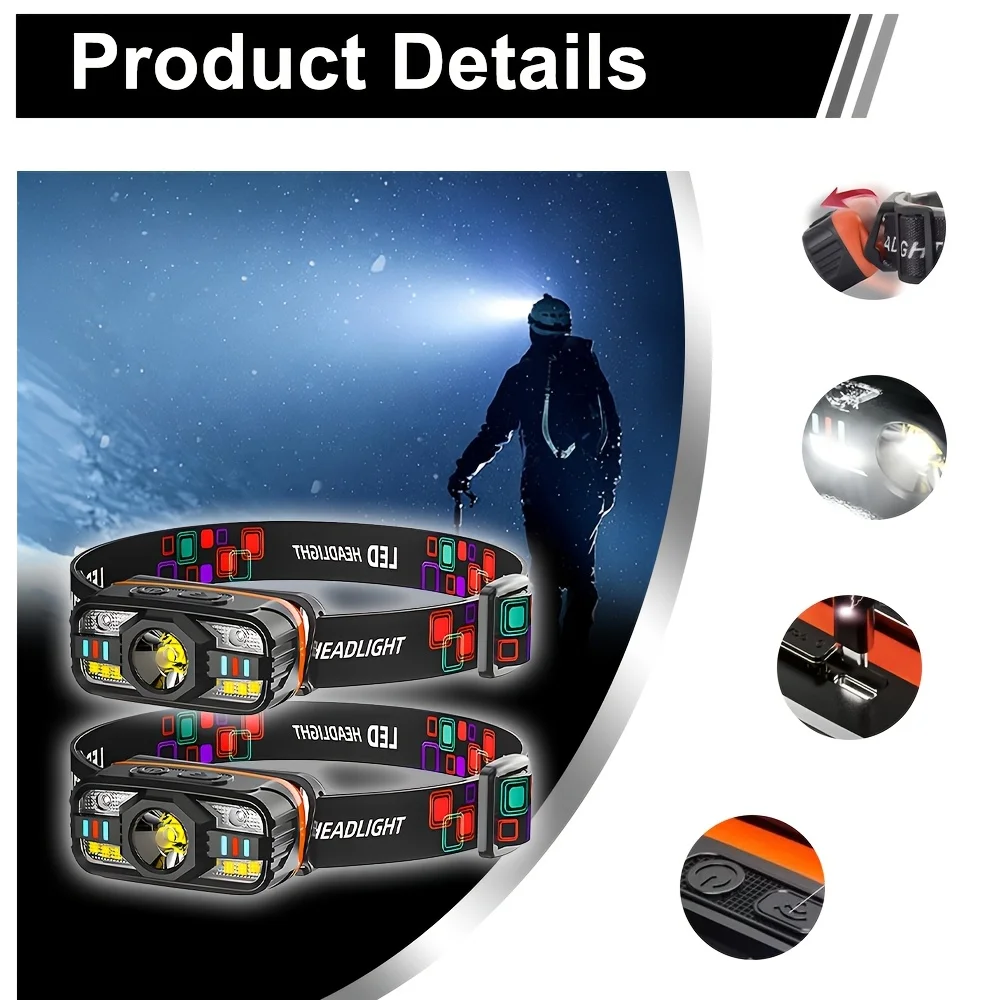 USB Rechargeable LED Headlamp Portable Light with Built in Battery 6 Lighting Modes Fishing Head Torch Outdoor Camping Lantern