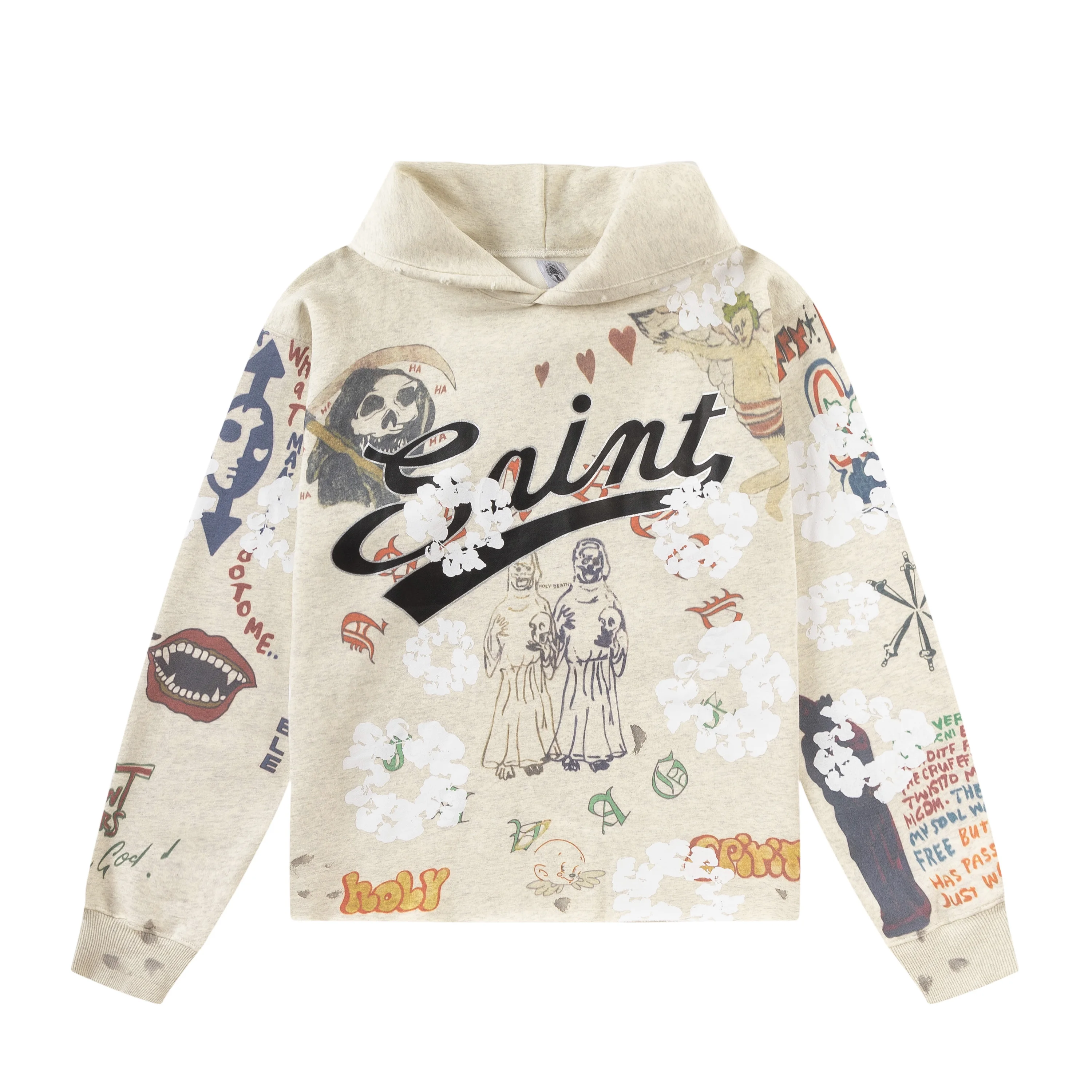 

Saint Micheal distressed Kapok flower graffiti American Hot drill retro couple's hooded sweatshirt