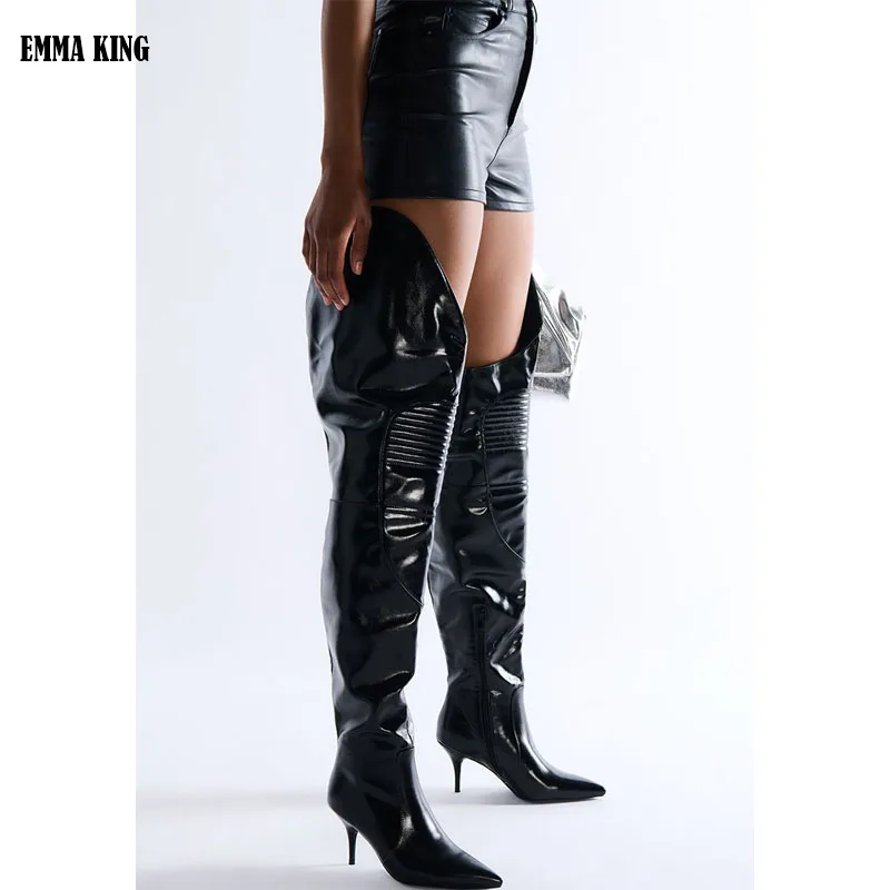 

Women Sexy Black Thigh High Boots T Show Pointy Toe Club Party Shoes Thin High Heels Over The Knee Long Boots For Women 44