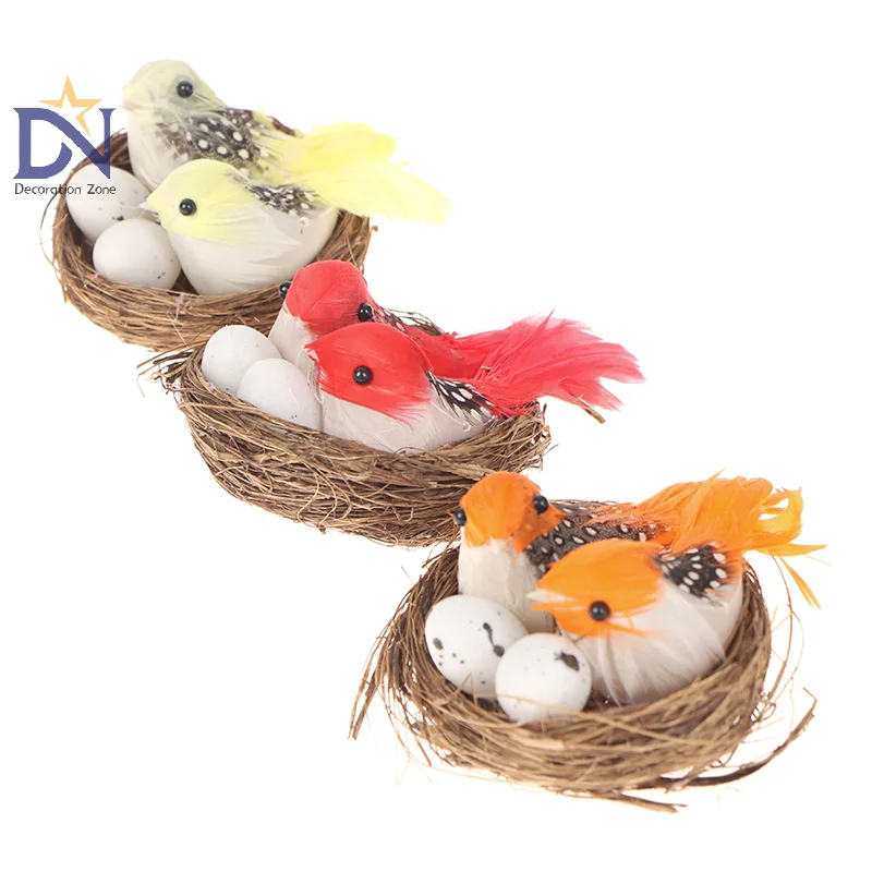 1 Set Artificial Feathered Birds & Nest & Egg Creative Craft Birds Sculpture