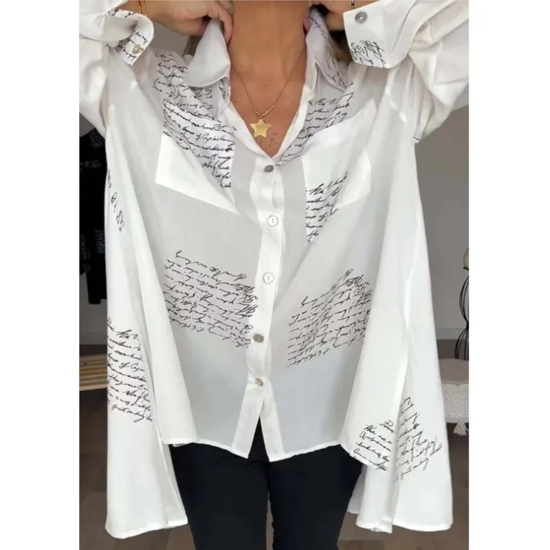 

Spring Womens Fashion Printed Shirt Loose Turn Down Collar Pocket Patchwork Irregular Shirts Letter Print Single Breasted Blouse
