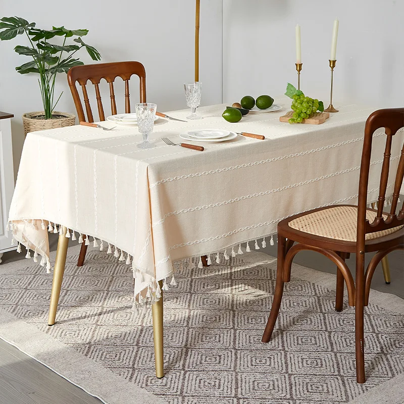 Simple Apricot Rectangular Tablecloth Fabric Cotton and Linen Decorative Fringed Tablecloths Table Decoration Cloth Covers