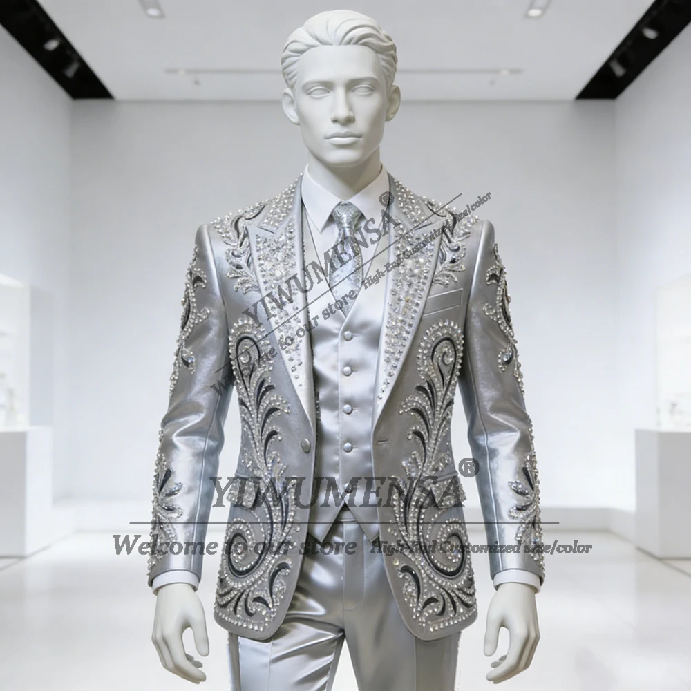 

Изысканный мужской костюм из трех предметов: серый смокинг для свадьбы, вечеринки, выпускного вечера, с кристаллами и бисером, на заказ, для жениха, пиджак, брюки, галстук