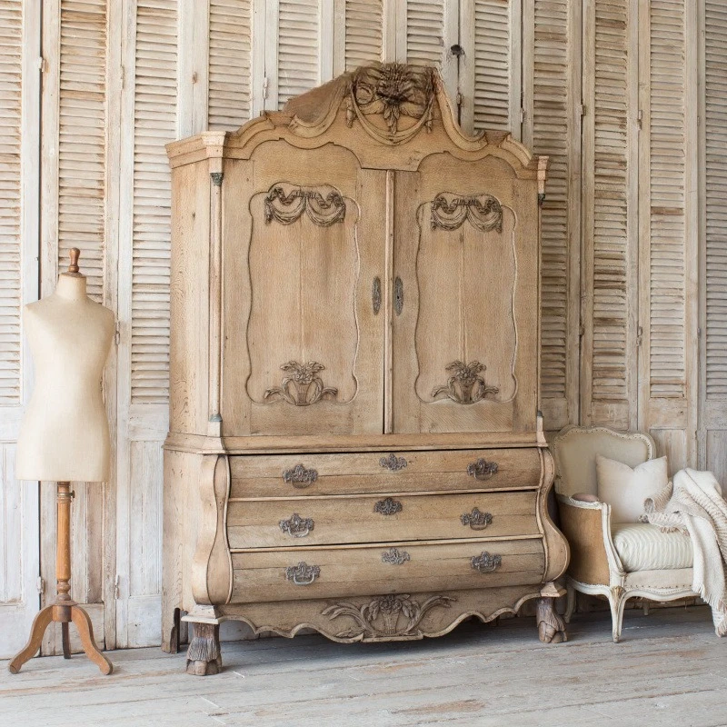

country furniture, French retro solid wood carving flower wardrobe, antique and old decorative cabinets, side cabinets, lockers
