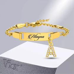 Vnox Free Custom Boy Girl Name Bracelets, Anti Allergy Stainless Steel Figaro Chain Wristband, Bling CZ Stone Initial Letter A-Z