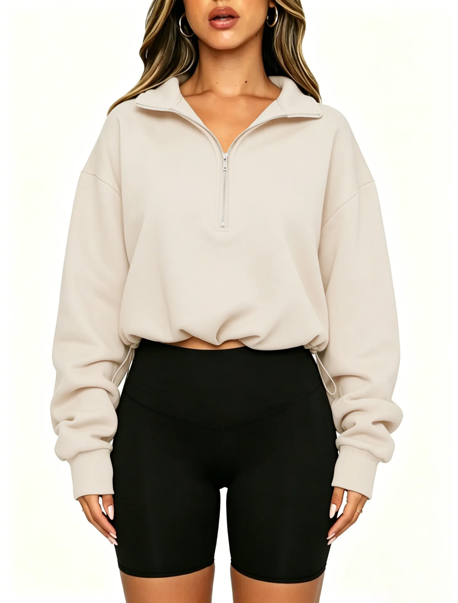 Women Half Zip Sweatshirt Cropped Pullover Oversized Long Sleeve Drawstring Hem Hoodie Y2K Athletic Sportswear