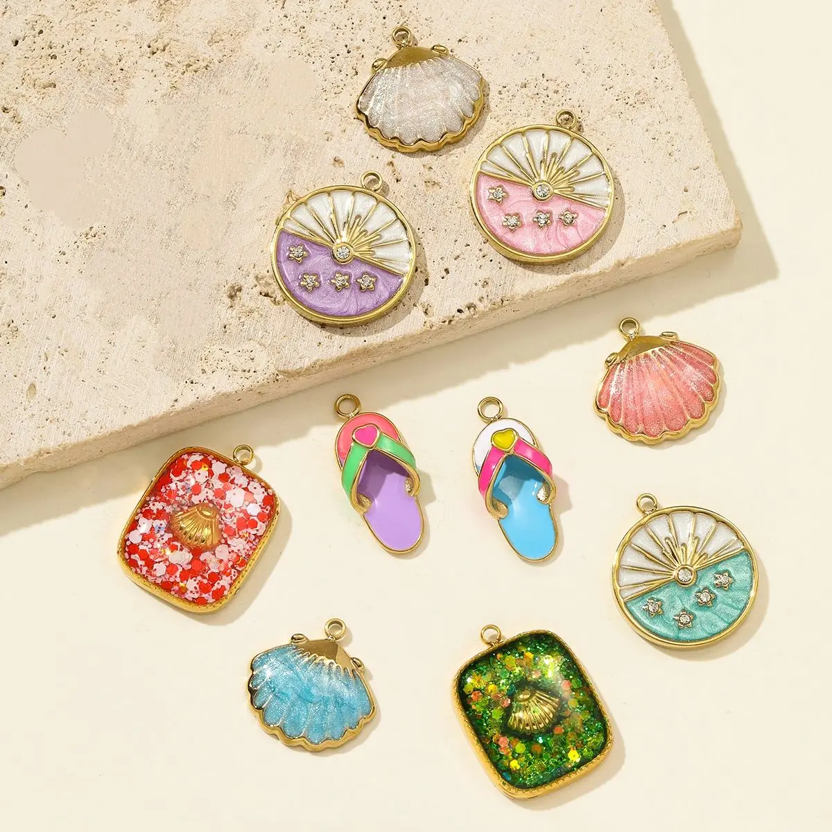 

3Pcs/Lot Stainless Steel Slipper Sun Star Charms Enamel Shell Pendants For DIY Making Necklace Earrings Jewelry Accessory