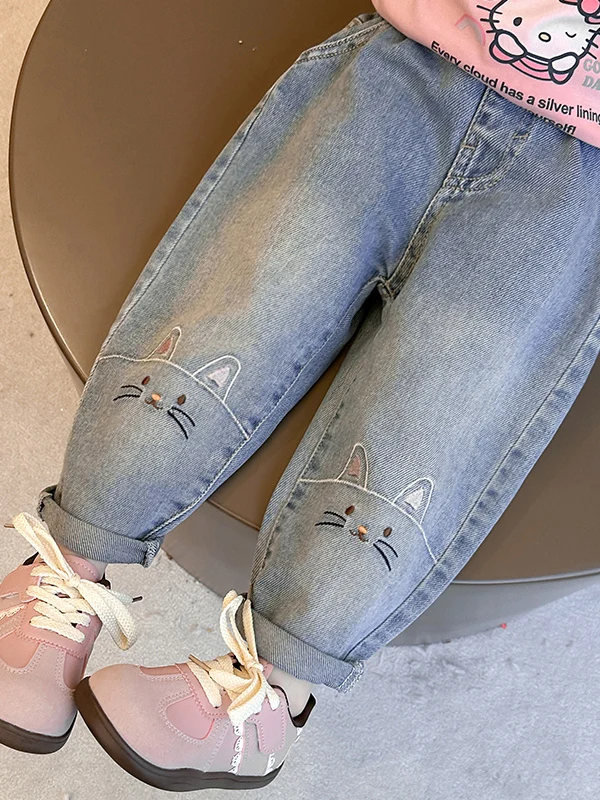 Spring Faion Girls Loose Casual Jeans High Waist Straight Leg  Embroidery Trendy Kids Knee Denim Pants Asymmetrical