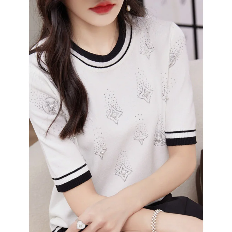 Korean Style Fashion Rhinestone Ice  Knit Neck shirt Women's Summer New Slimming Color Matching Short Sleeve Thin Knitted