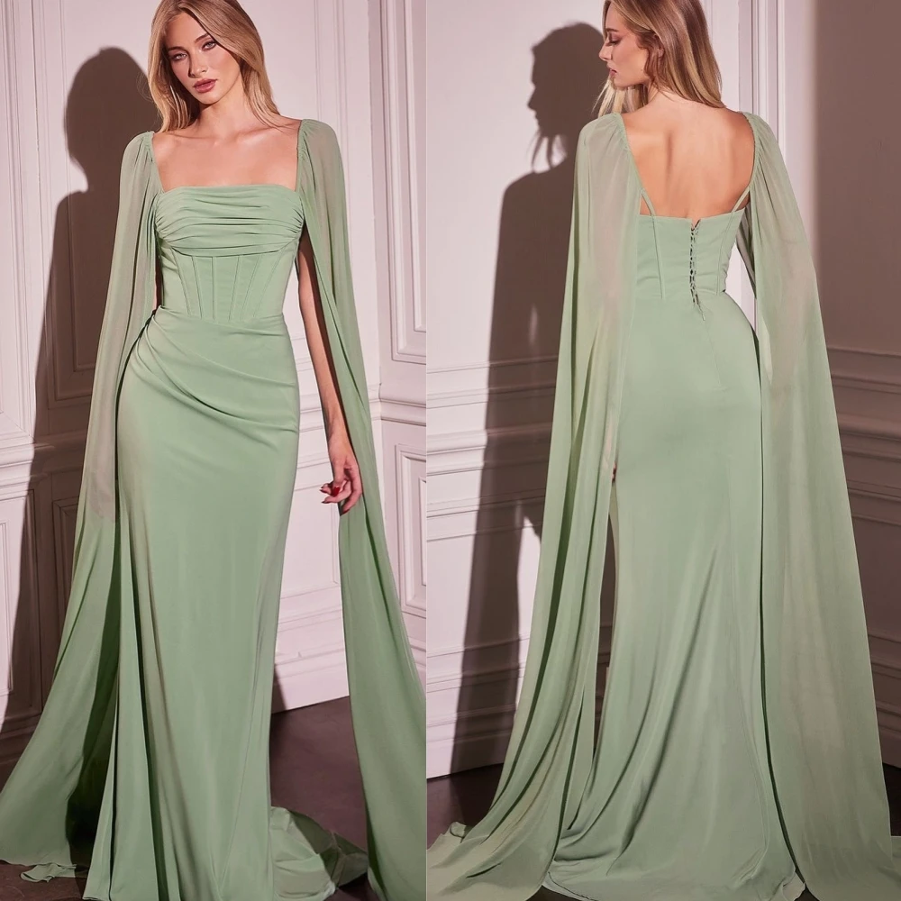 

Customized Exquisite Pastrol Jersey Pleat Trumpet Square Neck Long Dresses Bespoke Occasion Intricate Sexy