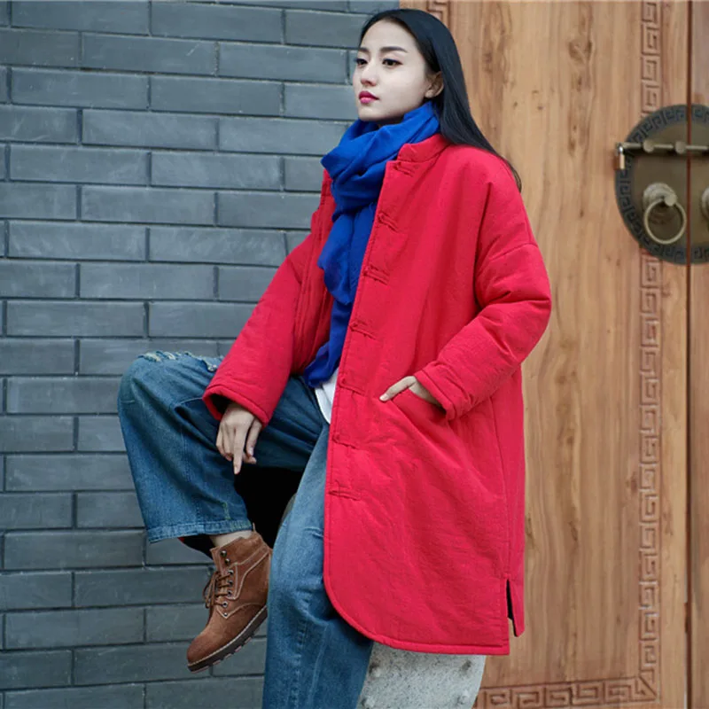 Winter Red Windbreaker Sewn Cotton Hemp Women's Single Row Disc Buckle Retro Loose Thick Chinese Coat Casual Long Cotton Coat