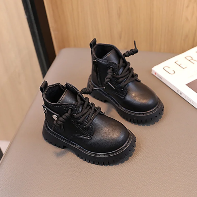 British Style Toddler Leather Boots Fashion Breathable Baby Casual Shoes Boy Girls Platform Short Boots Non- Slip Kids Sneakers