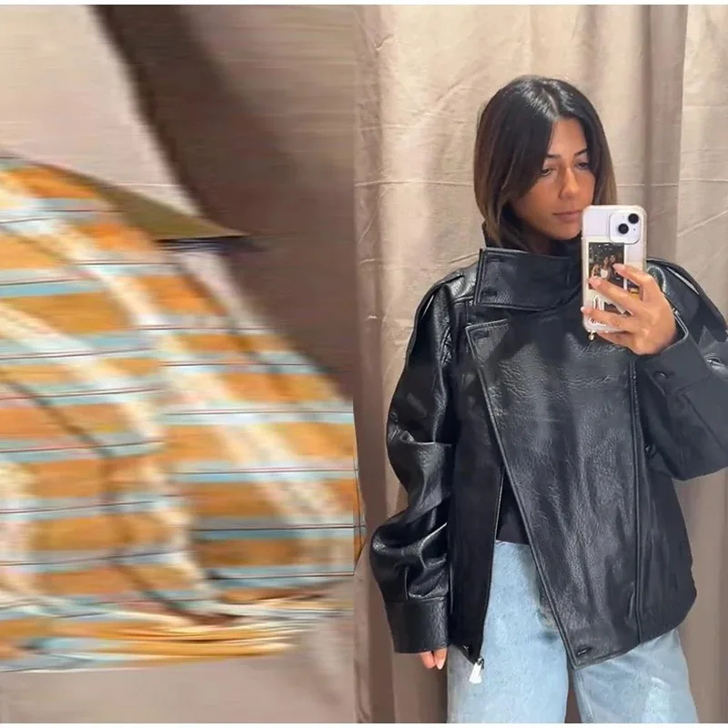 Jaqueta de Couro Feminina de Manga Longa com Gola Alta Estilo Europeu e Americano Edição 2026