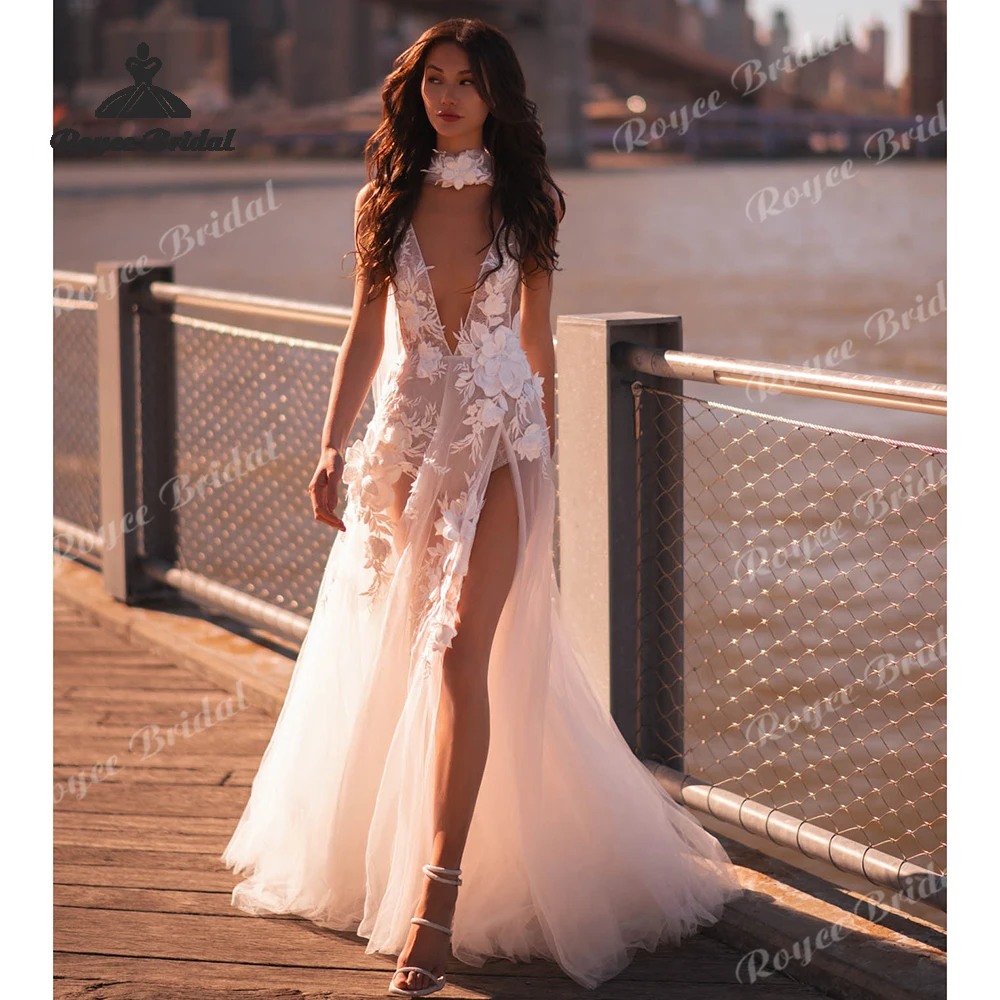3D Flowers Deep V Neck A Line Wedding Dresses 2026 Appliques Sheer Tulle Beach Bridal Gown Customized vestido de novia