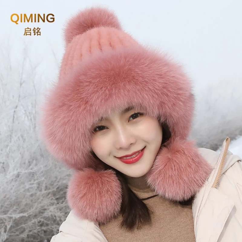 Real Mink Fur Hat With Fox Fur Ball Velvet Winter Earmuffs Protective Cap Knit Hats For Women Russian Hat Fox Fur Hat Pilot Hat