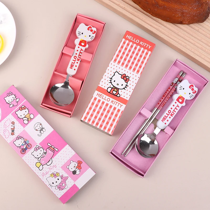 Kawaii Hello Kitty Chopsticks Spoon Fork Sanrio KT Cat Stainless Steel Tableware Set Portable Dinnerware Anime Flatware