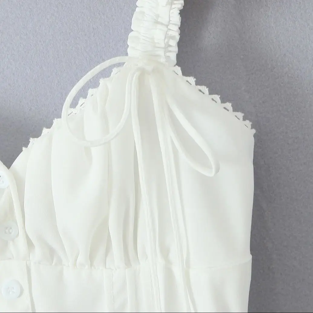 Sexy blanco botones abiertos cuello en V fruncido pecho arco correa elástica Sling vestido fruncido elástico espalda cremallera lateral A-lined Midi Robe