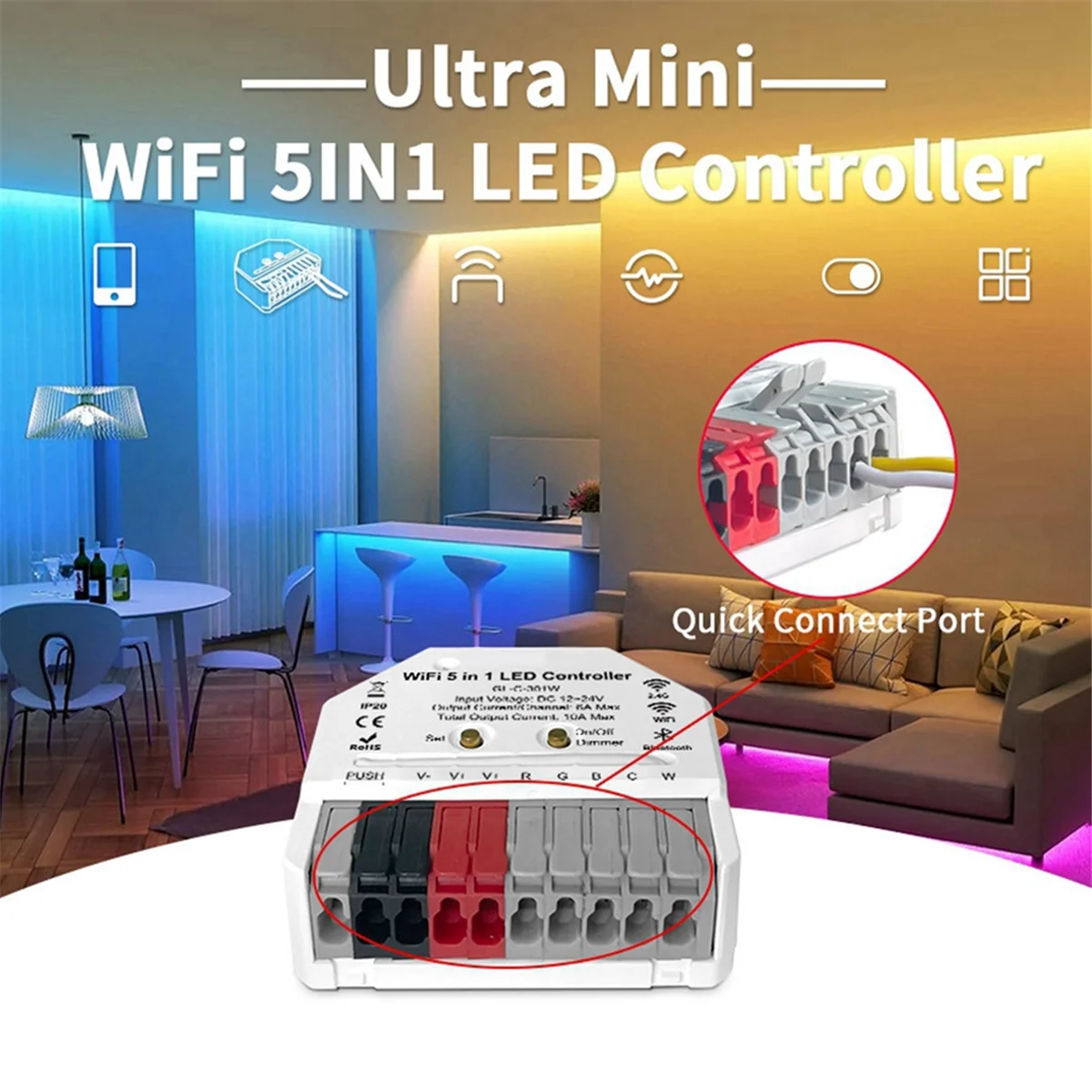 【سعر ساخن】وحدة تحكم بشريط إضاءة LED WiFi 5 في 1، تطبيق Tuya، صوت وجهاز تحكم عن بعد RF 2.4G مدعوم مثالي للإضاءة المنزلية