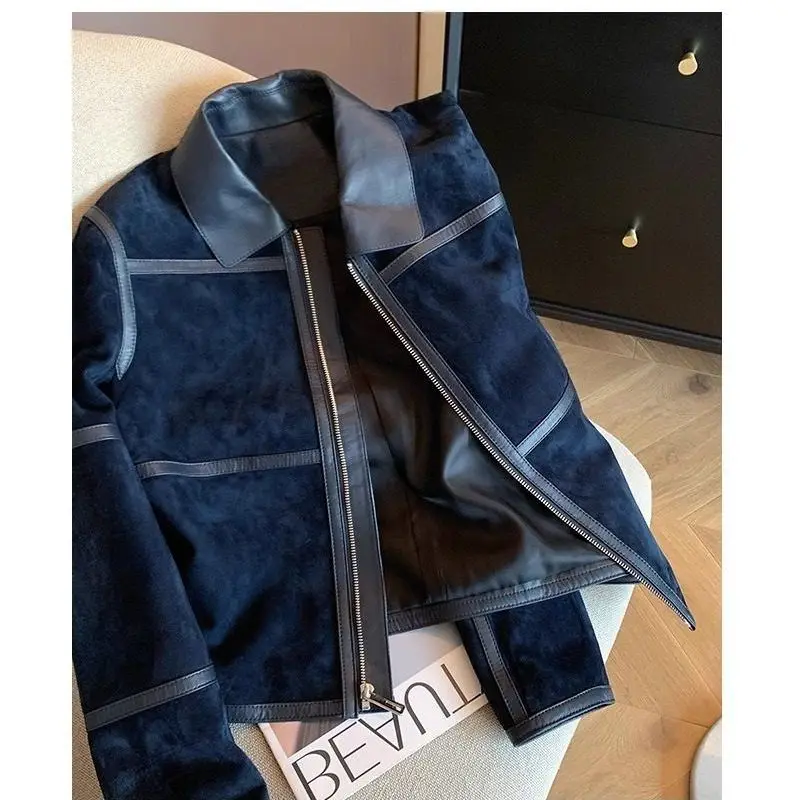 

Короткая куртка темно-синего цвета для женщин в американском ретро-стиле, с замшевыми вставками и элементами из искусственной кожи, весна-осень, милый и стильный уличный стиль, куртка на молнии.
