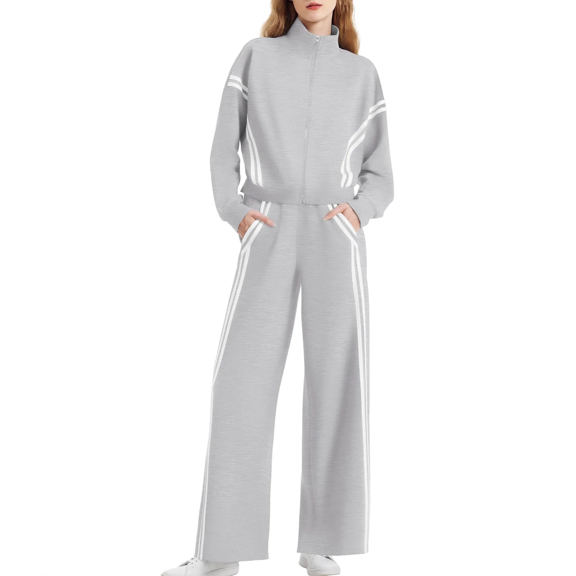 

Stripe Patchwork Sports Style Pant Sets Women Fashion Casual Cardigan Coat Trousers Two Piece Set Female Streetwear Sportswear