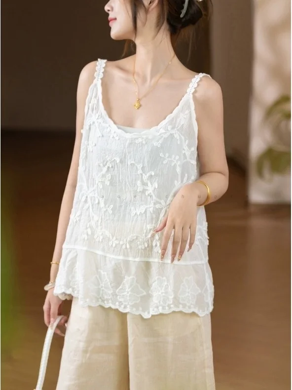 

Summer 2024 Pure Cotton Mid-Length Strap Vest Women's Loose Embroidered Top Casual Outerwear Inner Match Ele irt
