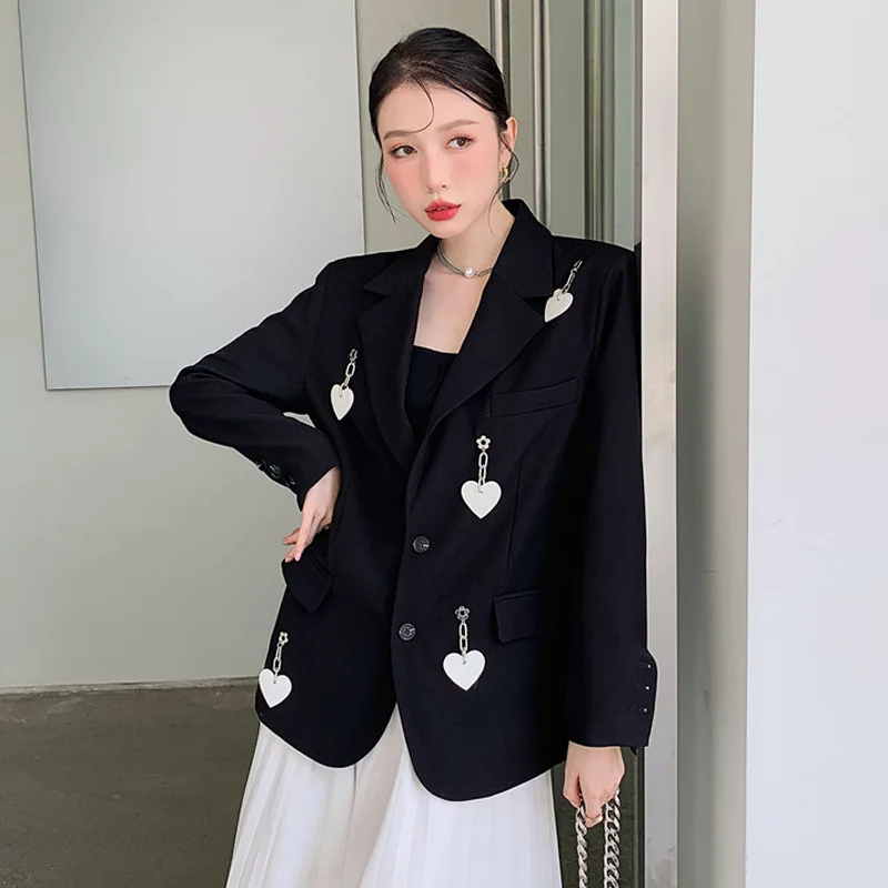 Fashion Solid Blazer Women Jacket Loose Casual Pockets Female Heart Chain Loose Long Sleeve Work Suit Coat Office Lady Blazers