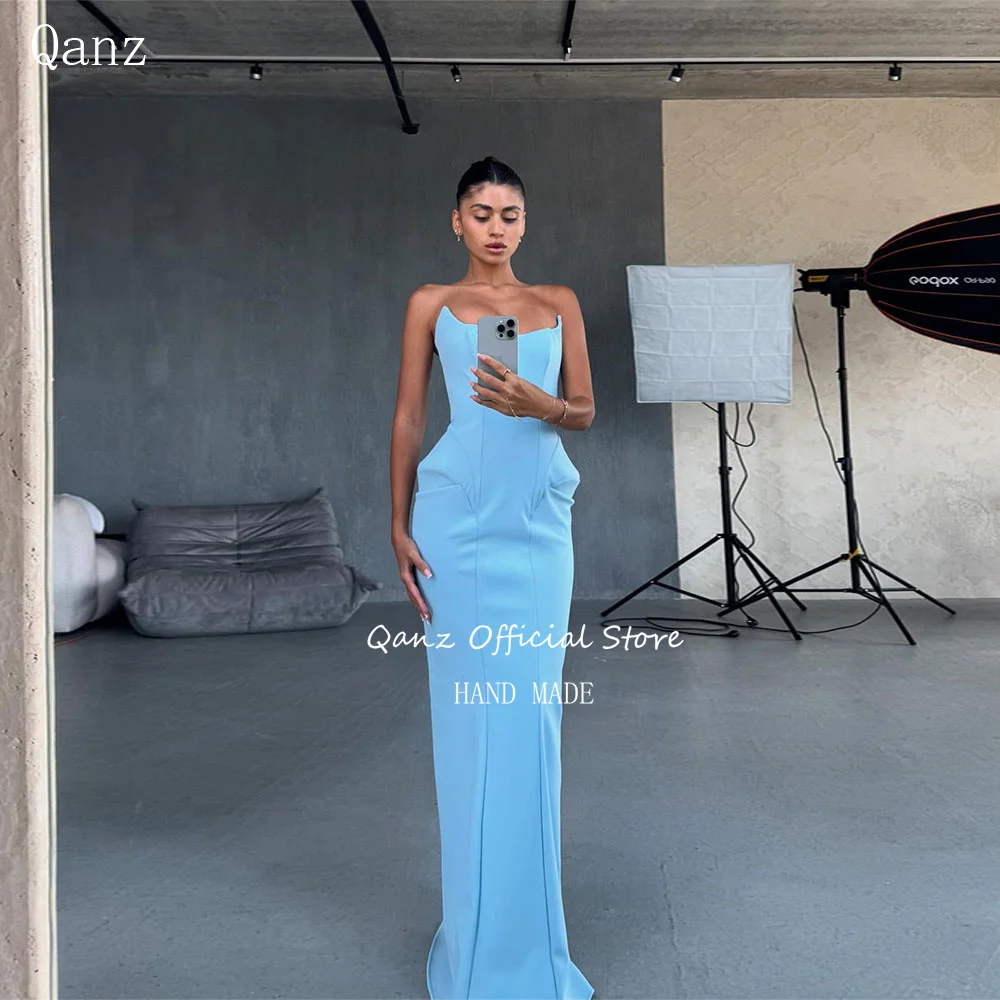 

Qanz Fashion Blue Prom Dresses Mermaid Sleeveless Photograph Shoot Vestidos De Fiesta Elegantes Satin Robes De Soirée Customized