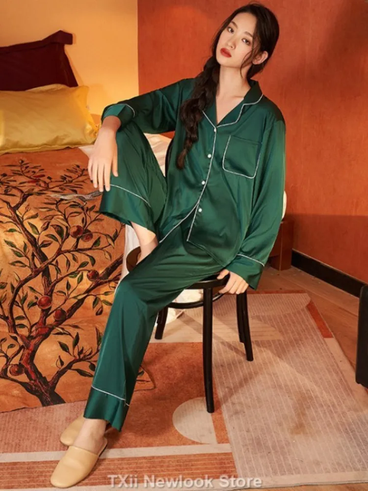 TXii Newlook Solid Color Satin Chiffon Pajamas Long Sleeve Trousers Home Clothes suit Retro Women's Pajamas Multi Color