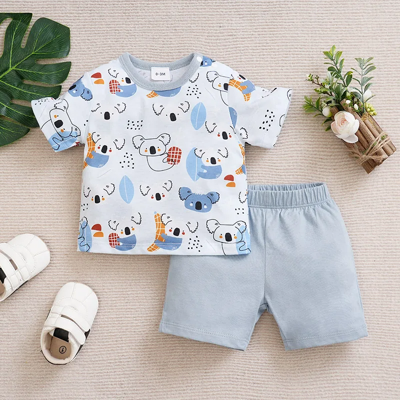 2-piece newborn boy and baby summer full print cute car contrast color round collar short-sleeved T-shirt + shorts set