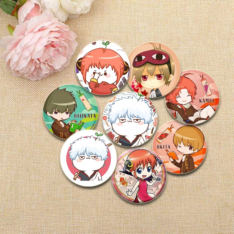 Insignia de Gintama de Anime Sakata Gintoki Kagura versión Q, broches de dibujos animados bonitos para mochila, ropa, accesorio de regalo, alfileres de impresión HD