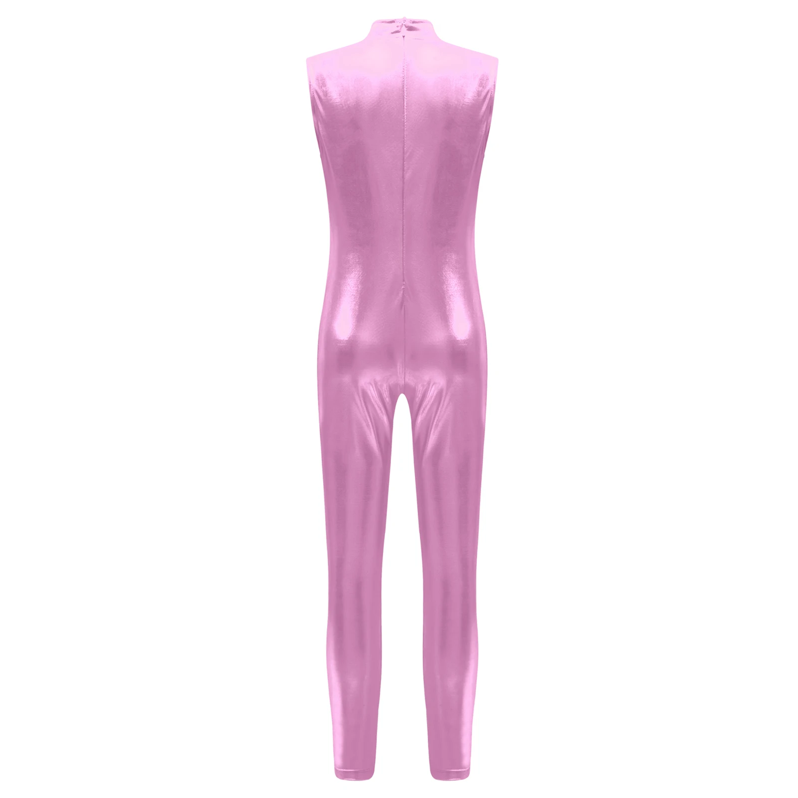 Kids Girls Metallic Full Body Jumpsuits Shiny Gymnastics Leotard Mock Neck Sleeveless Bodysuit Teens Jazz Performance Costume