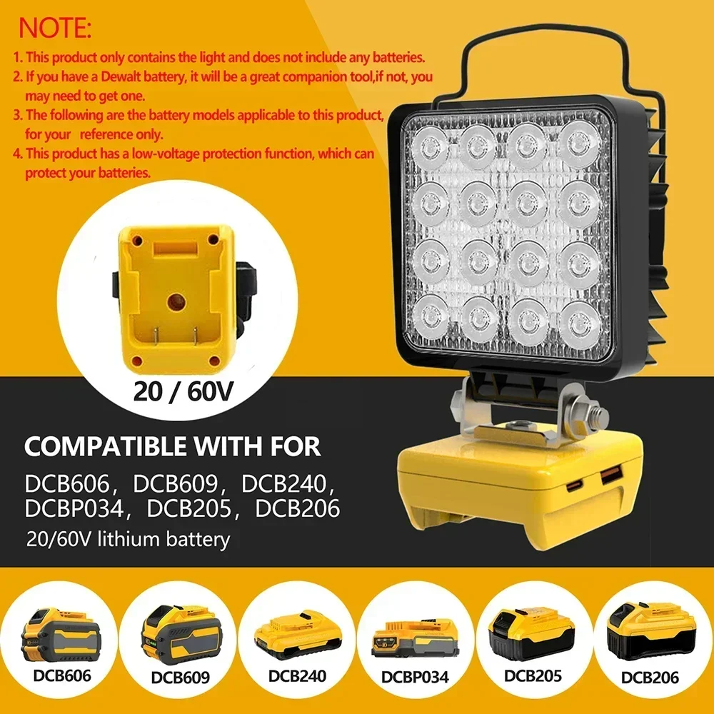 16 luces LED de trabajo linterna focos tipo C banco de energía USB para DeWalt 18V 20V batería de litio Control de haz alto y bajo