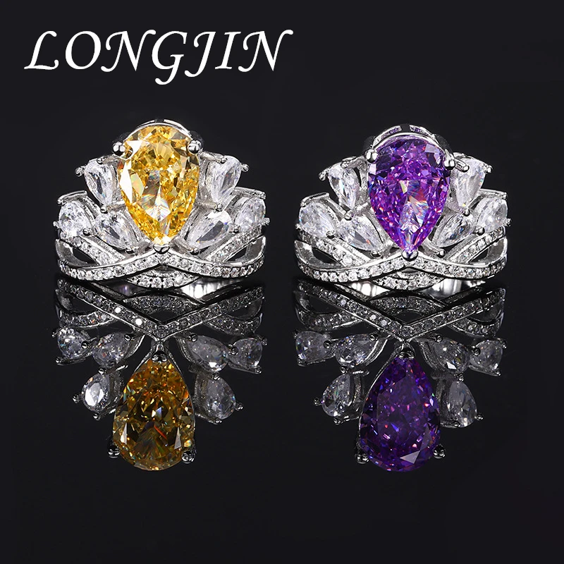 

Charms 8*12mm Claw Inlaid Water Droplet Purple High Carbon Diamond Crown Adjustable Ring for Women Jewelry Wedding Accessory