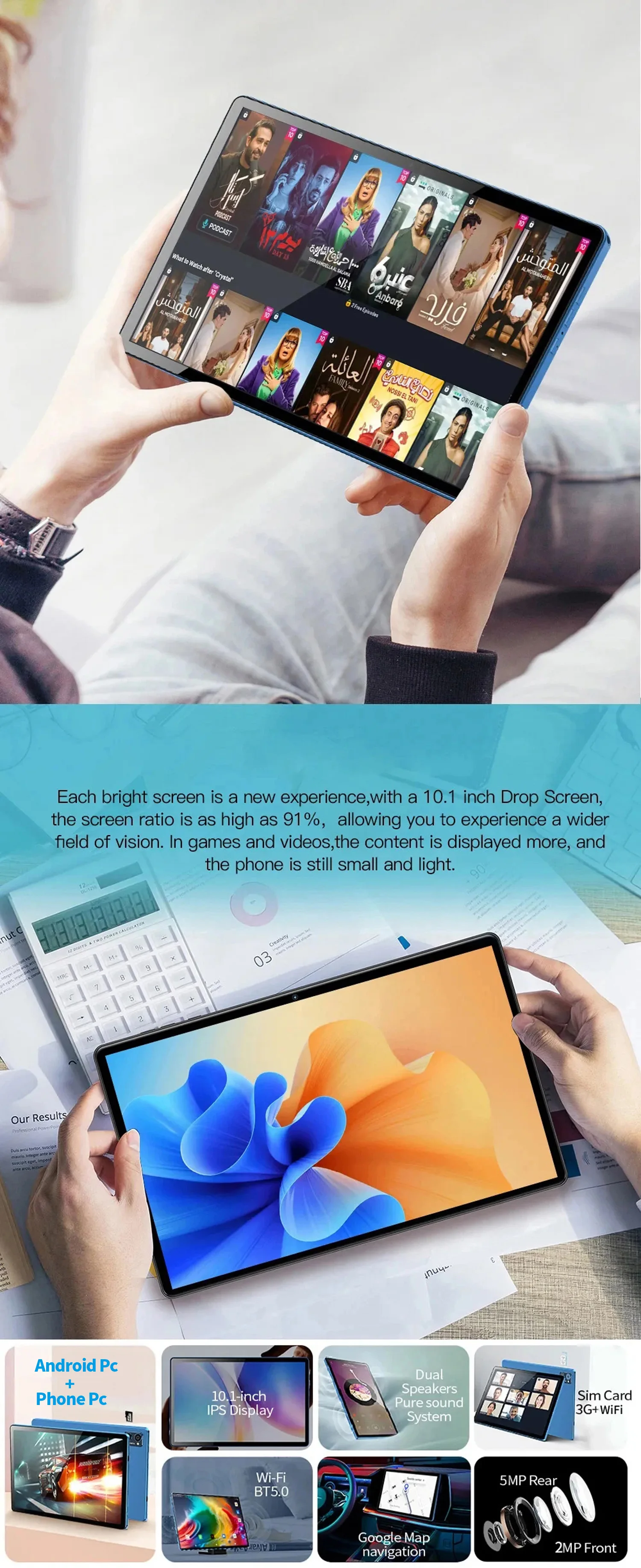 BDF Android 10.1 Inch Tablet Pc Google Play Octa Core Dual Cameras Dual SIM 3G Phone Call Tablets Bluetooth Wifi 4GB+ 64GB ROM