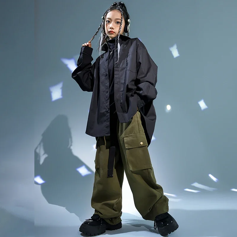 Kinder Hip Hop Kleidung Schwarze Jacke Mantel Casual Street Strap Cargo Hosen für Mädchen Junge Jazz Dance Kostüm Teenager Kpop Kleidung