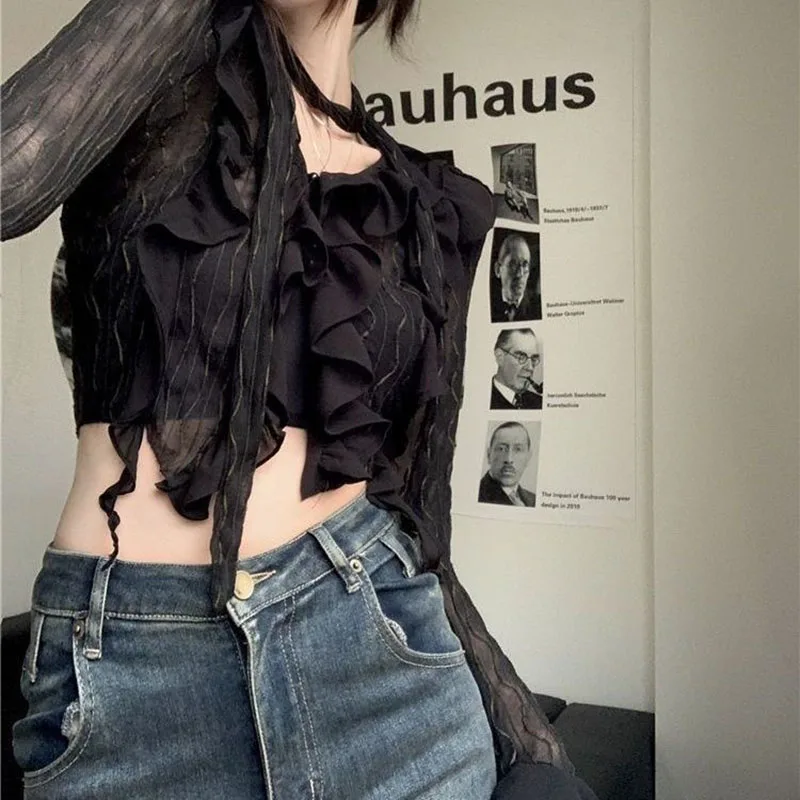 Lucyever 여성용 Y2K 크롭 러플 티셔츠, 섹시한 블랙 브이넥 메쉬 시어 블라우스, 여성 고딕 긴팔 티 탑
