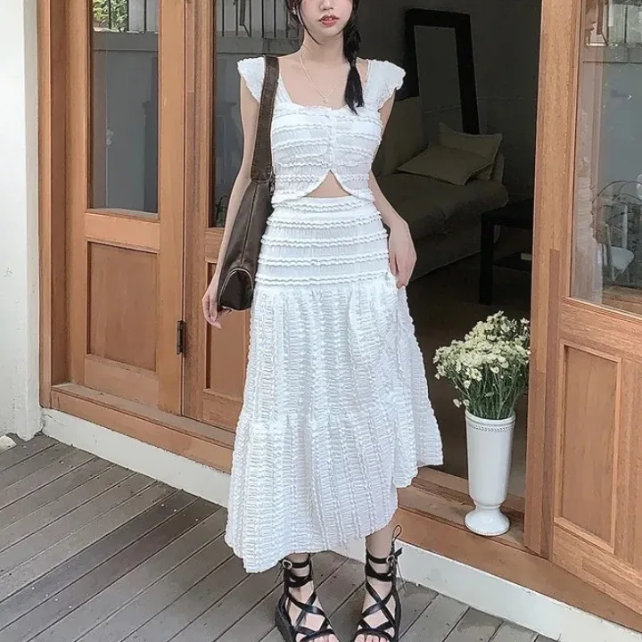 

Шикарный летний комплект из двух предметов: топ с деревянными бретелями и юбка с высокой талией и пэчворком для женщин