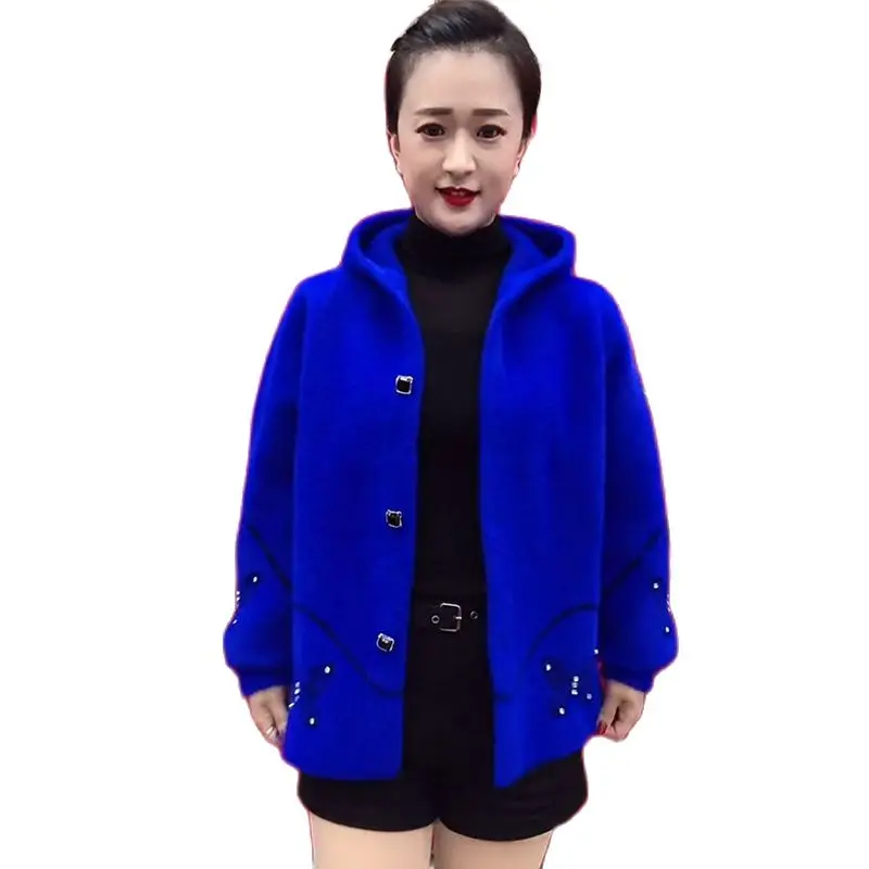 

Women's Mink Velvet Jacket 2022 New Autumn Winter Mom Short Jacket Fashion Hooded Loose Warm Knit Cardigan Sweater Female Tops