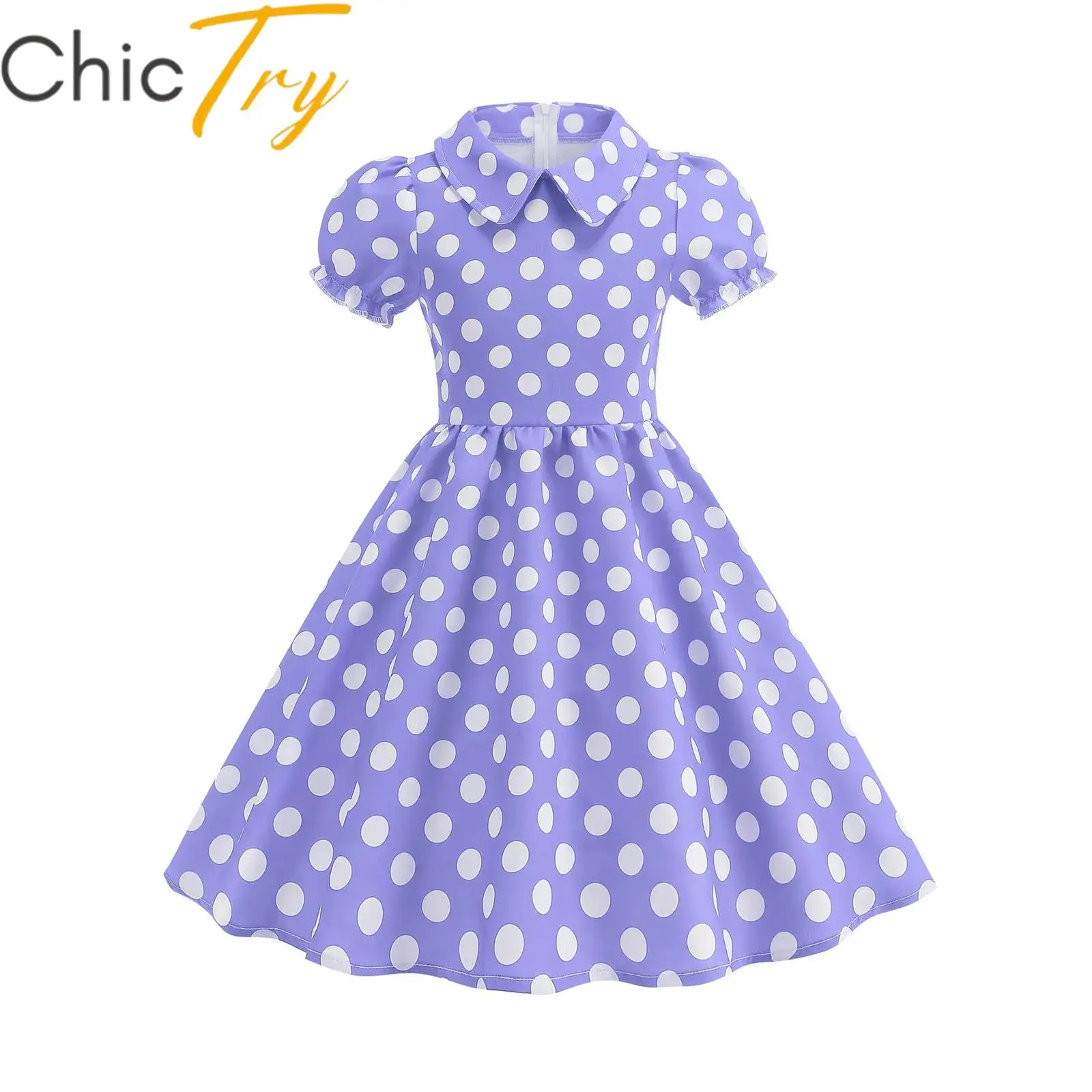 

Kids Girl Dress Adorned White Polka Dots Turn-Down Collar Ruffled Cuffs Short Puff Sleeves with Invisible Zipper A-Line Skirt